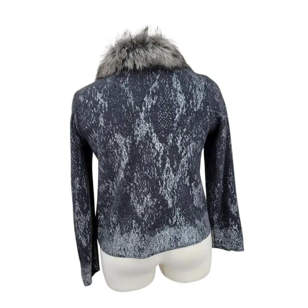 Chico's Wool Gray Button Up Cardigan Sweater Jacket with Faux Fur Collar